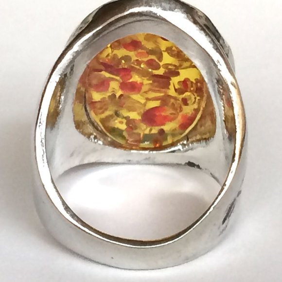 Silver Honey Amber Cocktail Ring Size 7 8 10 Yellow Orange Simulated Oval Cut - Picture 8 of 10